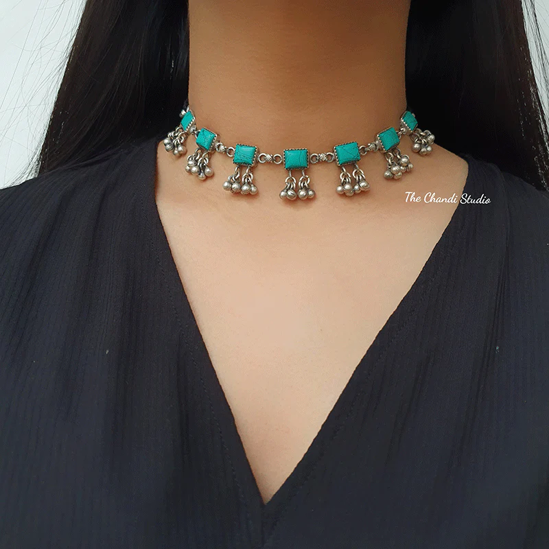 Dilkash, Turquoise Ghungroo Necklace Set - Image 4