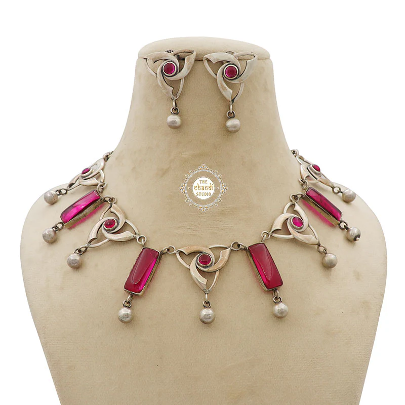 Dramatic Valknut Ruby Ball Drop Necklace Set - Image 4