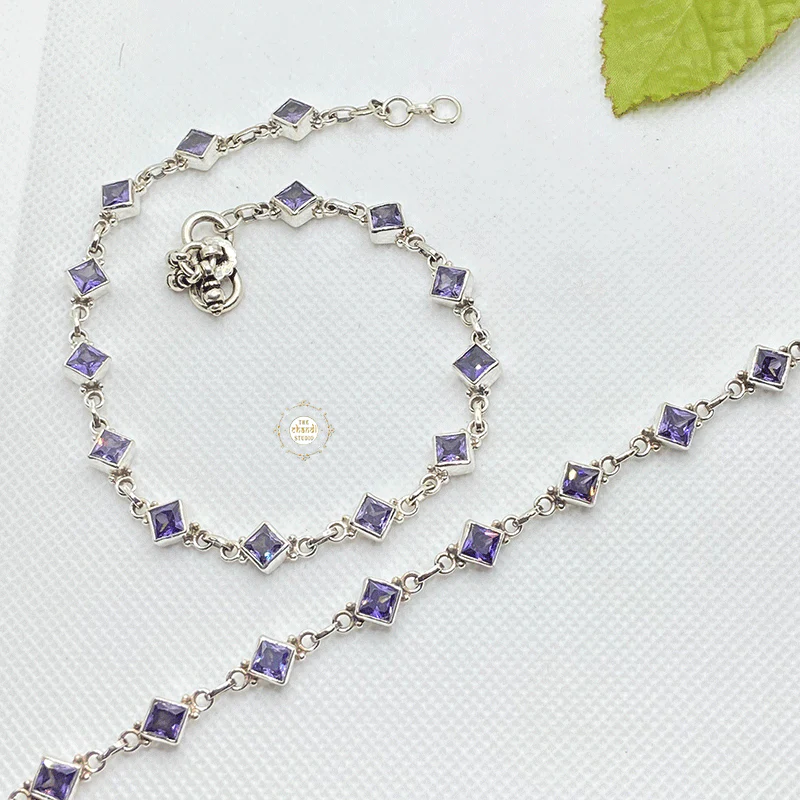 925 Sterling Silver Zircon Amethyst Stone Anklet - Image 3