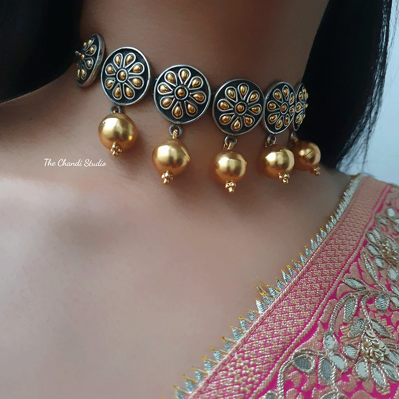 Dual Tone Round Flower Ball Drop Necklace Set - Image 7