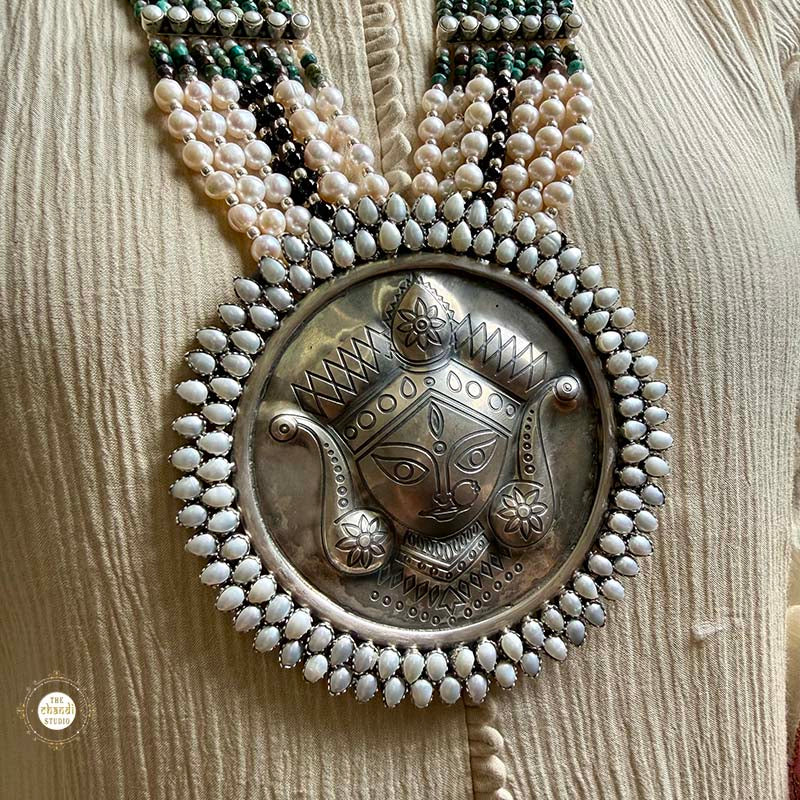 Sterling Silver Hand Carved Turquoise Durga Necklace - Image 2