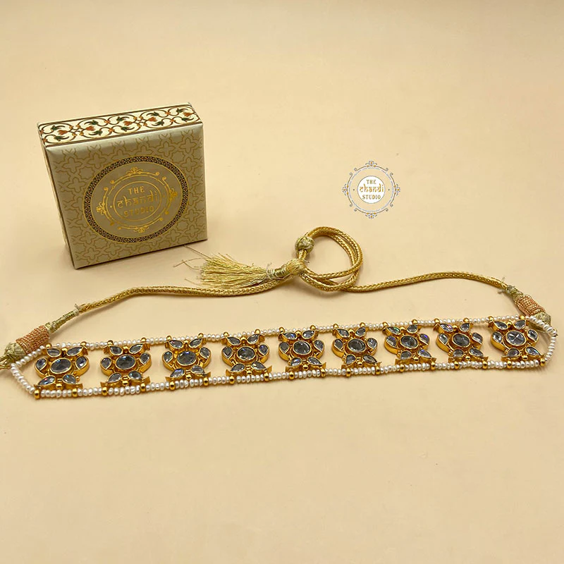 Full Gold Sitaara Glass Stone Pearl Choker - Necklace with Earring - Image 2