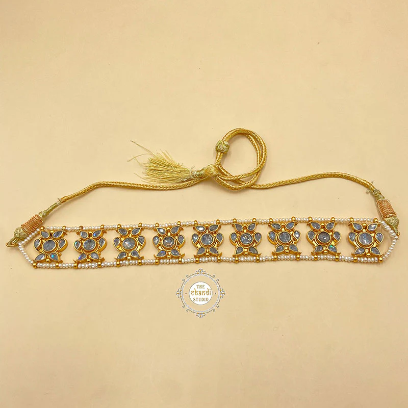 Full Gold Sitaara Glass Stone Pearl Choker - Necklace with Earring - Image 4