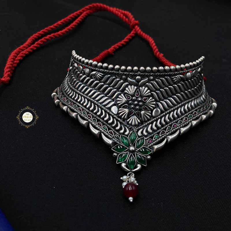 Sterling Silver Jashn Floral Thread Necklace With Earring - Image 5