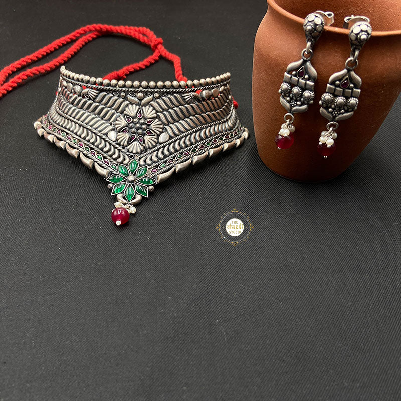 Sterling Silver Jashn Floral Thread Necklace With Earring - Image 6