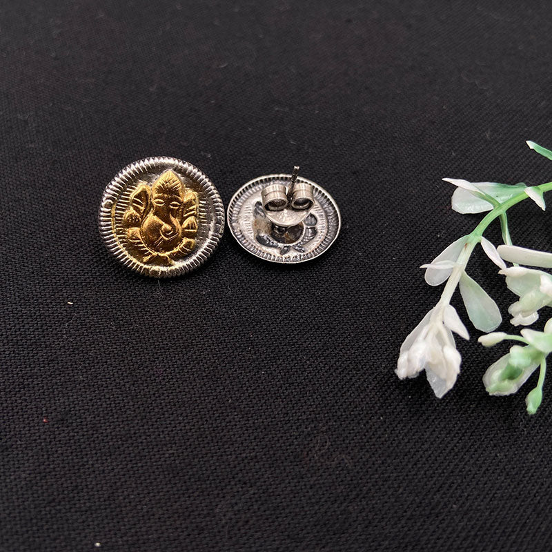 Antique Silver Lord Ganesh Studs Dual Tone Earring - Image 3