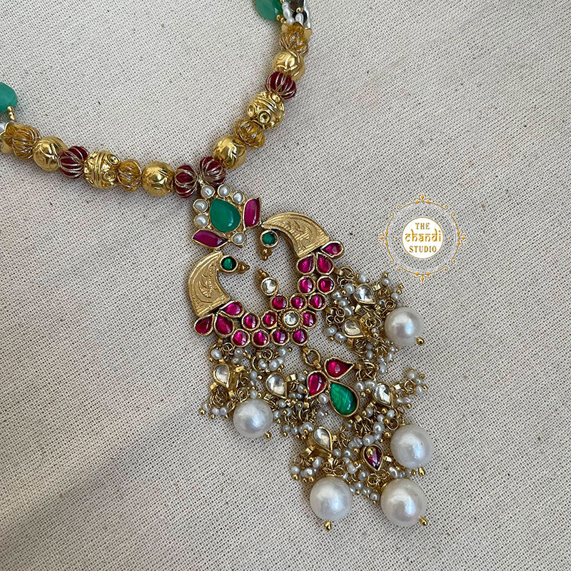 Muhurat Gold Polish Kundan Peacock Necklace - Image 3