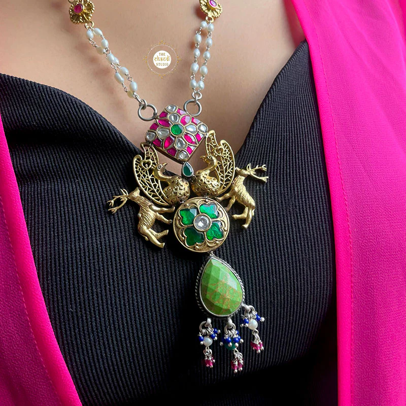 Muhurat Gold Polish Kundan Peacock Necklace Set - Image 2