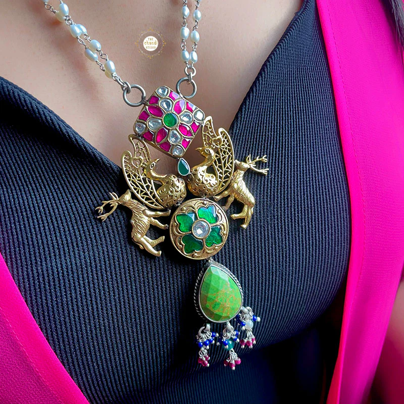 Muhurat Gold Polish Kundan Peacock Necklace Set - Image 3