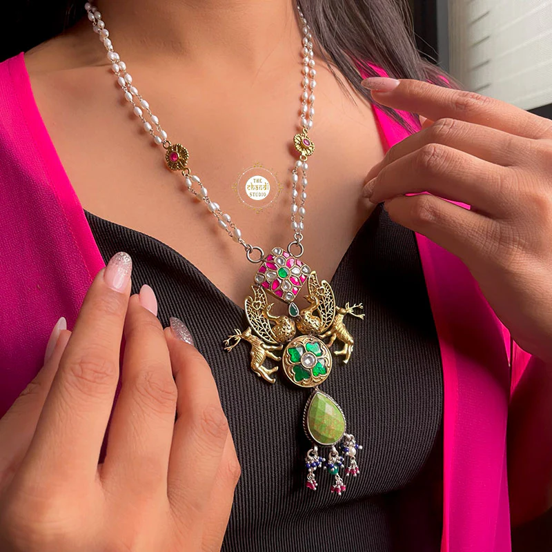 Muhurat Gold Polish Kundan Peacock Necklace Set - Image 4