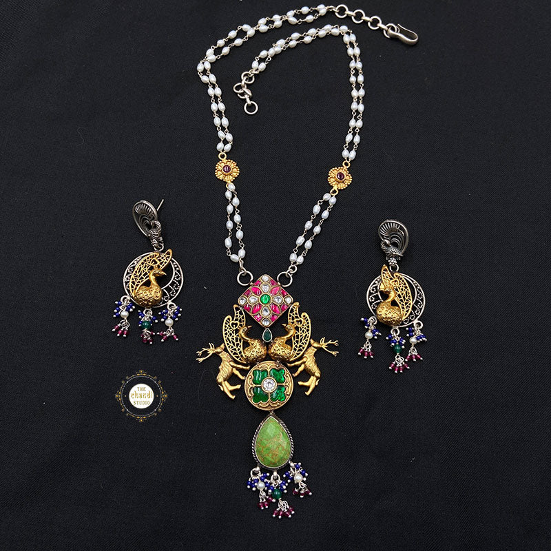 Muhurat Gold Polish Kundan Peacock Necklace Set - Image 6
