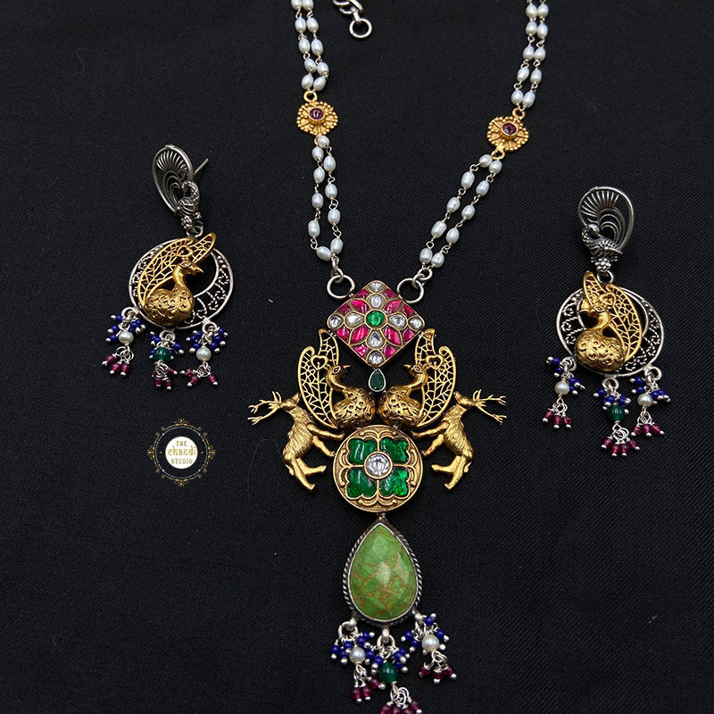 Muhurat Gold Polish Kundan Peacock Necklace Set - Image 7