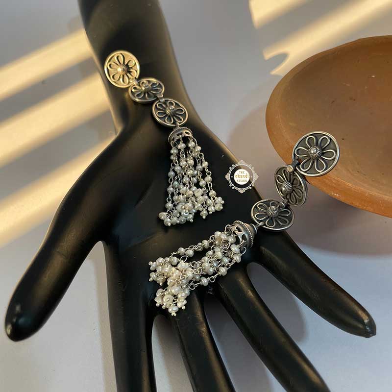 925 Sterling Silver Ruhaniyat Flower Motif Pearl Jhumki - Image 5