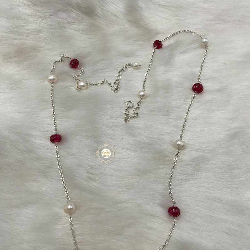 Rustic Romance Pearl Ruby Necklace–Kamarbandh - Image 3