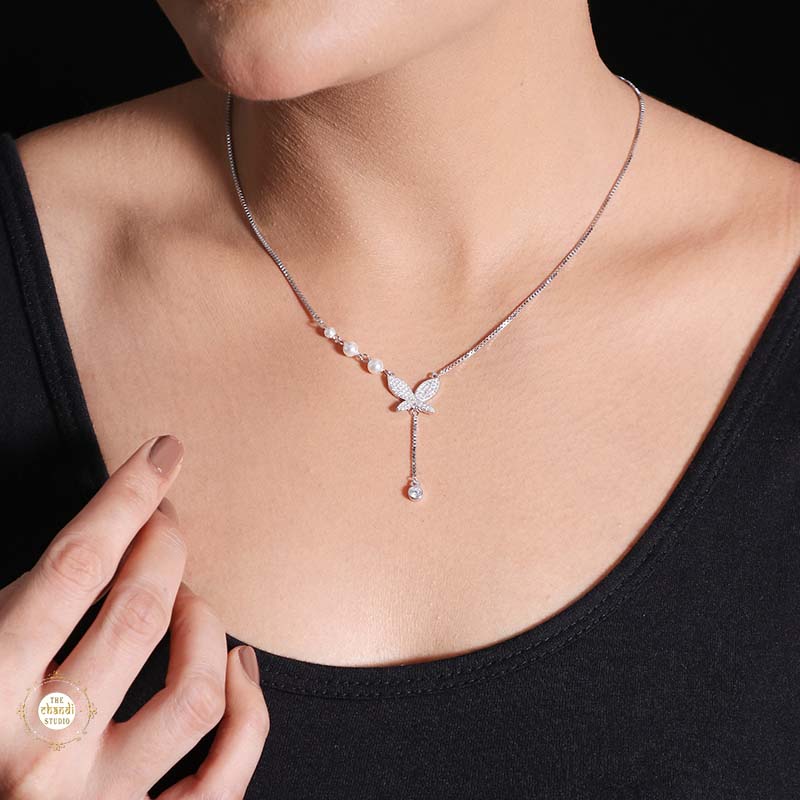 Sterling Silver Sparkling Silver Butterfly Necklace - Image 2
