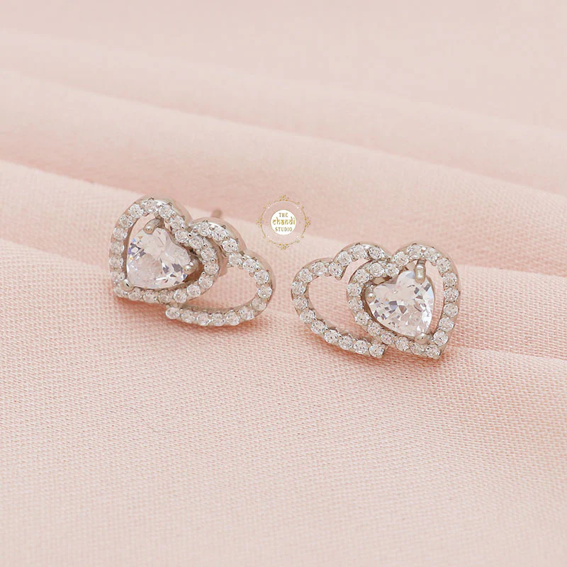 Sparkling Silver Double Hearts Stud