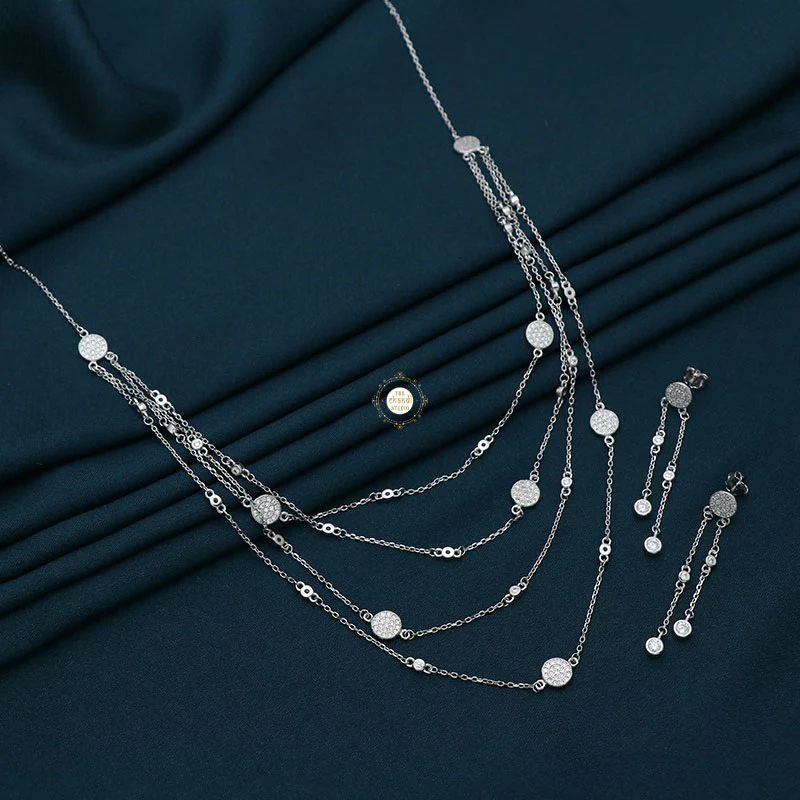 Sparkling Silver Elegant Layered Necklace with Earring - Image 4