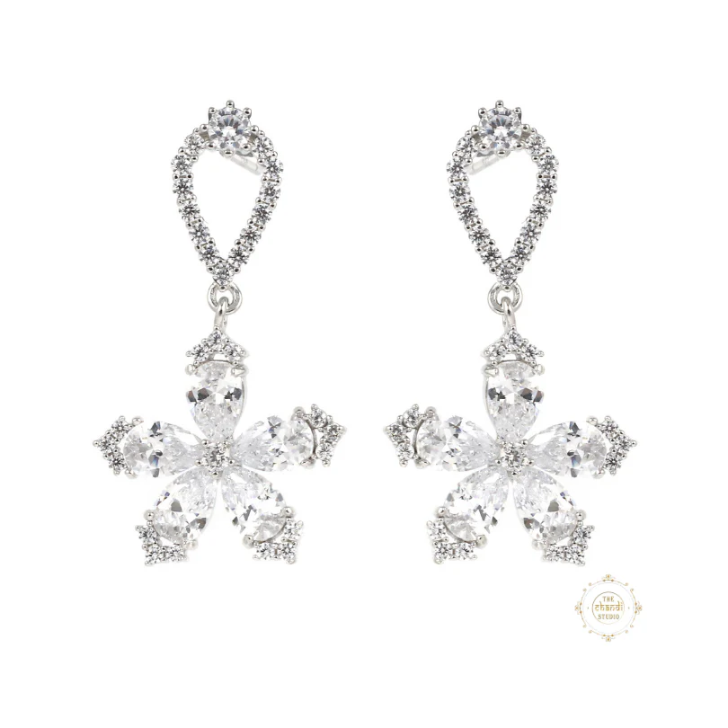 Sparkling Silver Floral Delight Drop Earrings - Image 2