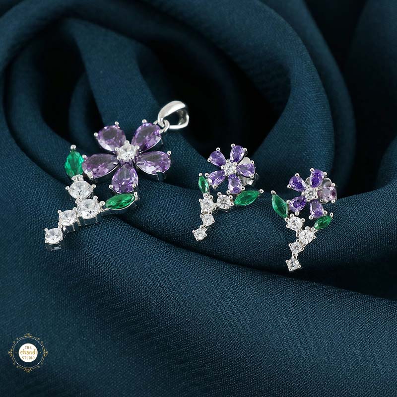 Sterling Silver Sparkling Silver Floral Elegance Set (Without Chain) - Image 2