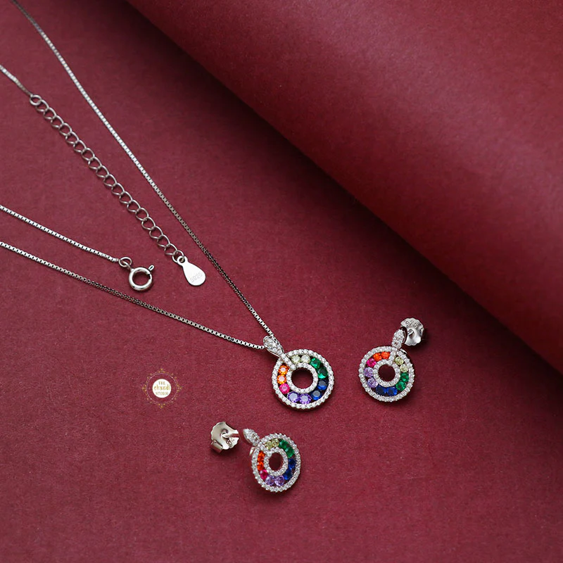 Sparkling Silver Rainbow Necklace With Earring