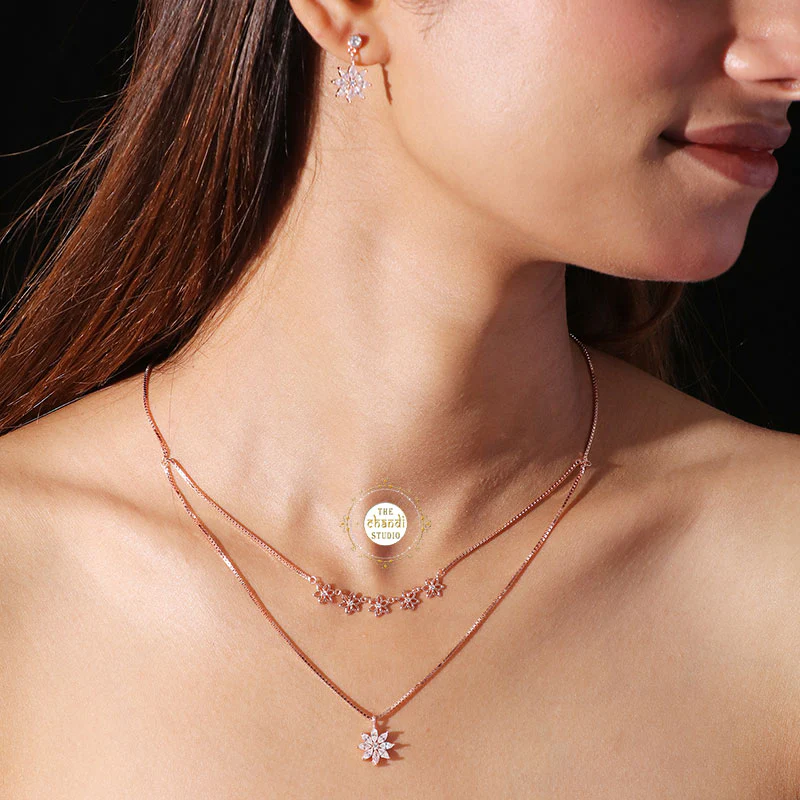 Sparkling Silver Starlit Double Layered Necklace with Earring - Image 4