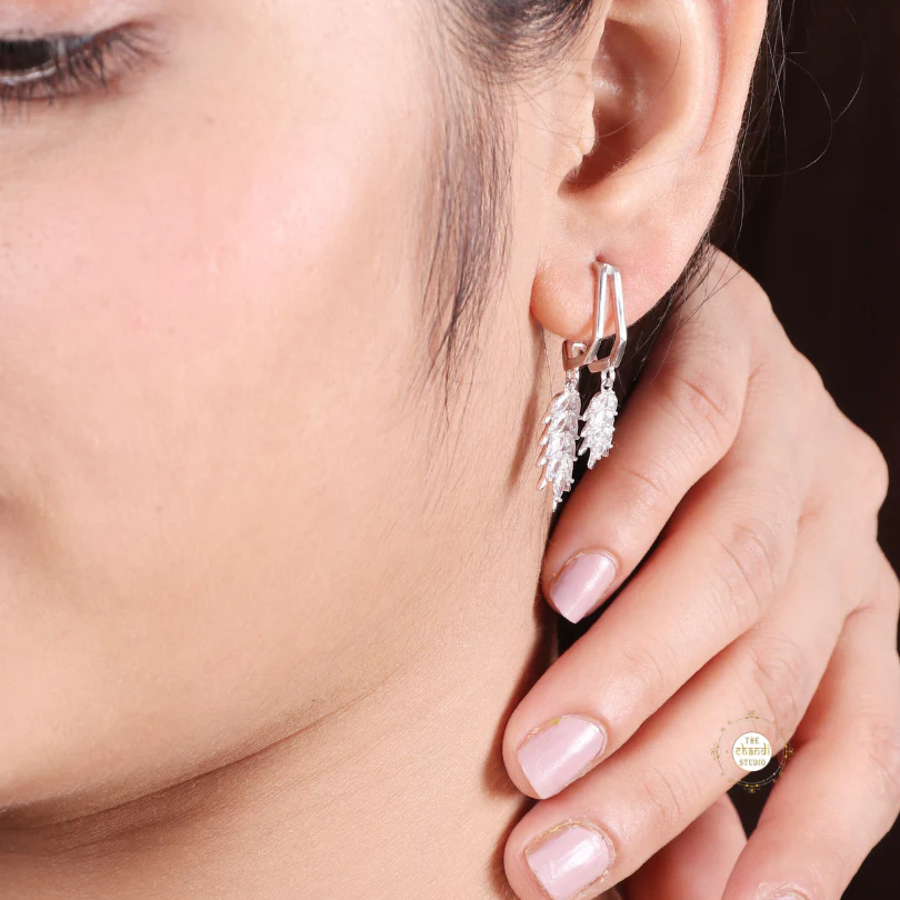 Sparkling Silver Leaf Dangle Earring - Image 2