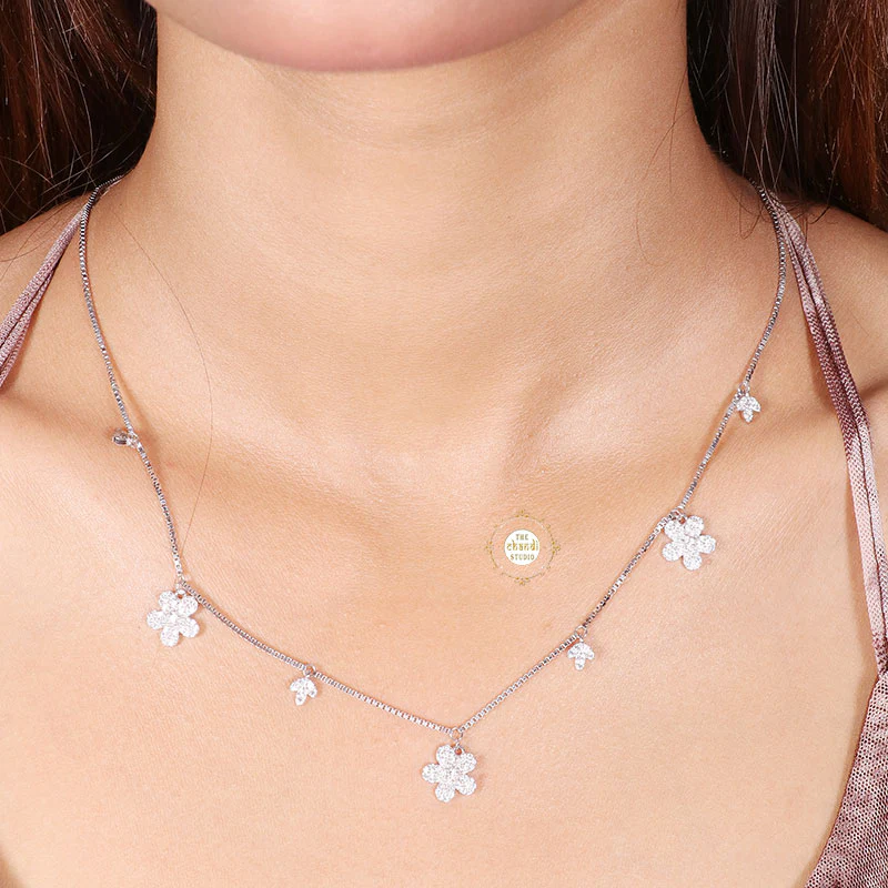 Sparkling Silver Floral Blossom Necklace with Earring - Image 4