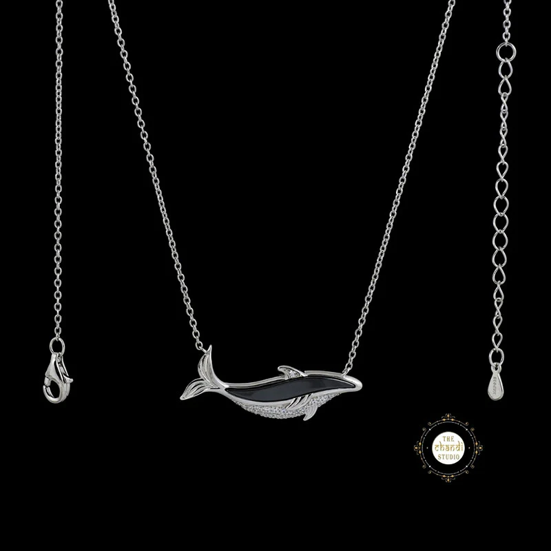 Sparkling Silver Wave Whisper Whale Necklace - Image 3