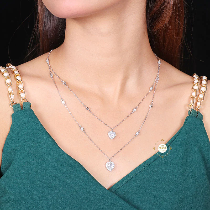 Sparkling Silver Double Line Heart Necklace - Image 2