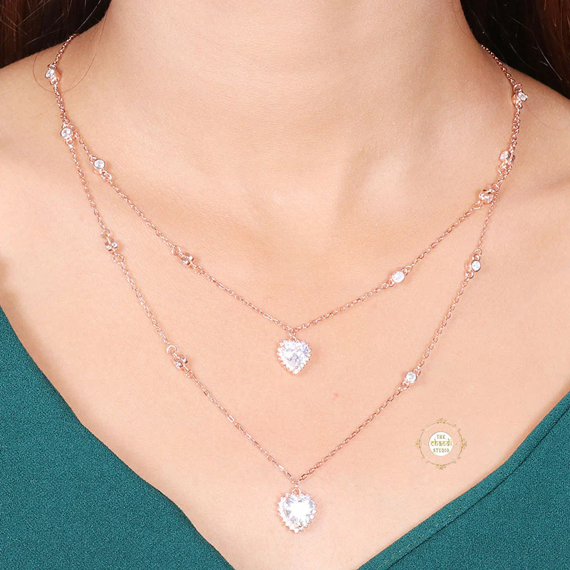 Sparkling Silver Double Line Heart Necklace - Image 7