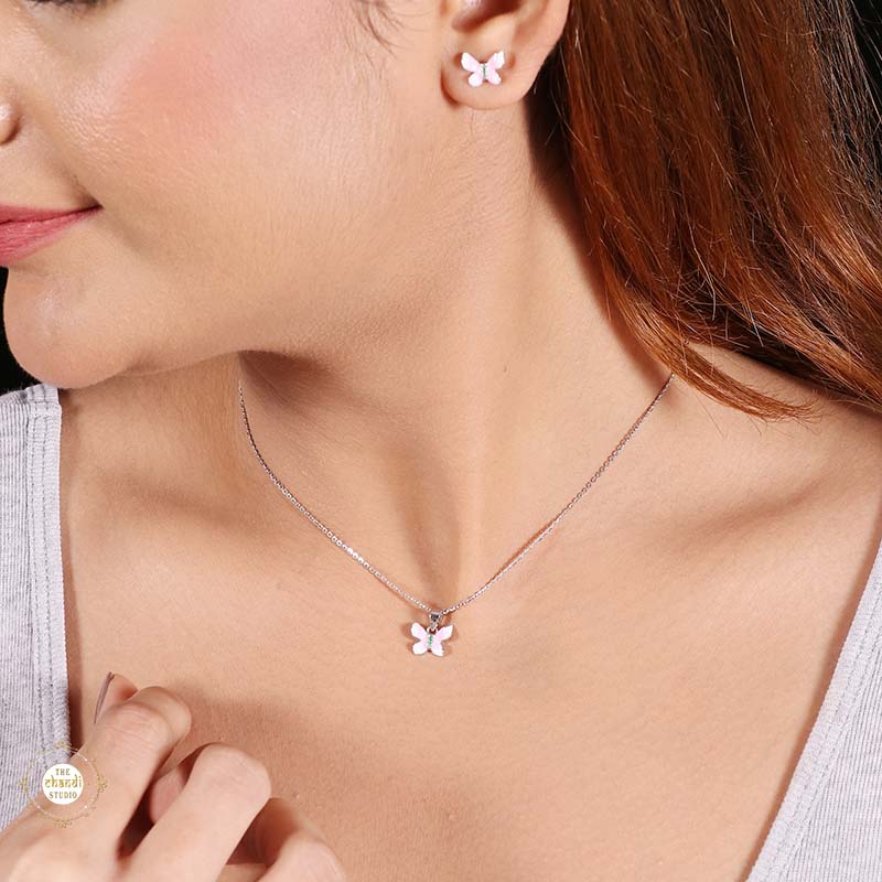 Sterling Silver Sparkling Silver Pink Flutter PendantĀ Set (Without Chain) - Image 6