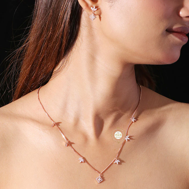 Sparkling Silver Petal Drop Necklace with Earring - Image 2