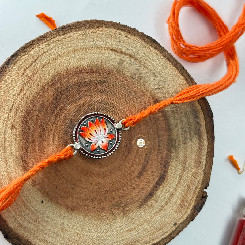 Sterling Silver Flower Meenakari Rakhi -Orange - Image 3