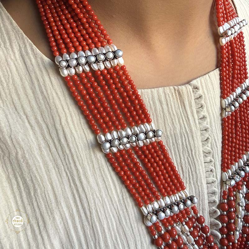 Sterling Silver Hand Carved Coral-Pearl Durga Necklace set - Image 3