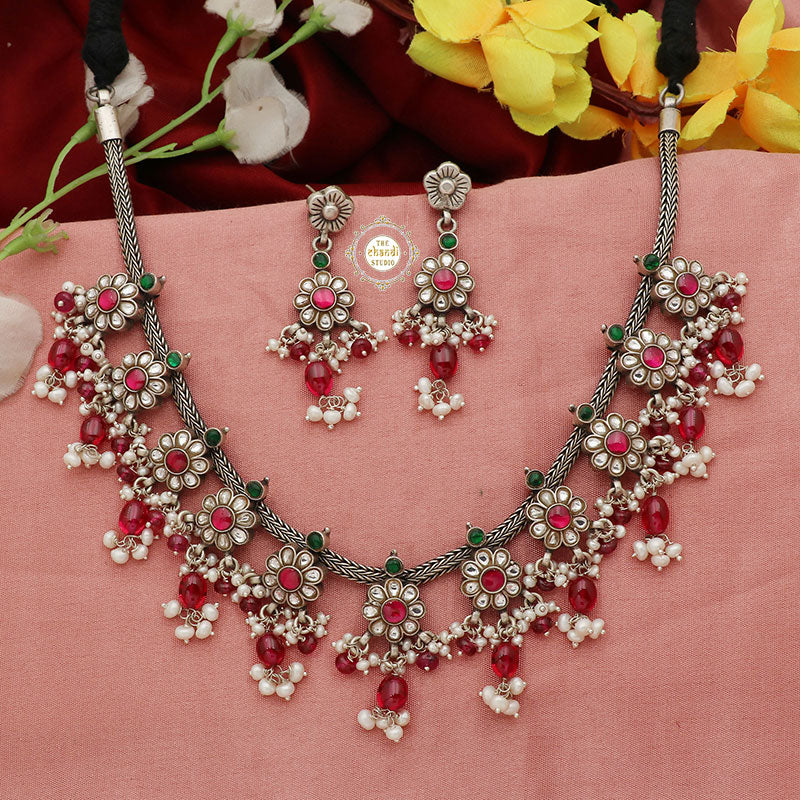Muhurat Floral Paradise Kundan Ruby Necklace with Earring - Image 2