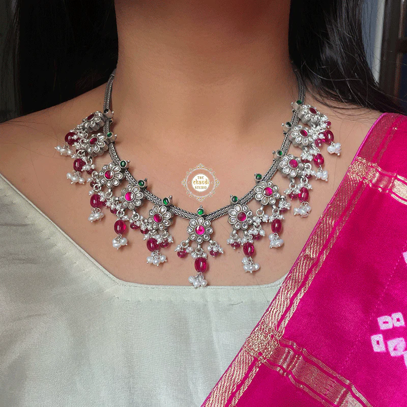 Muhurat Floral Paradise Kundan Ruby Necklace with Earring - Image 3