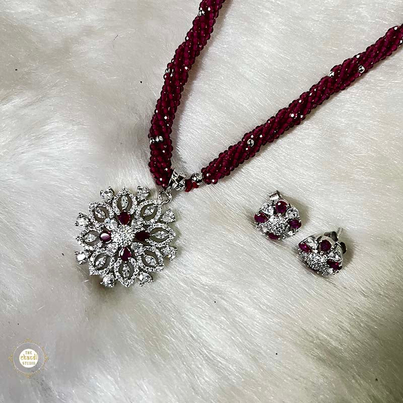 Sterling Silver Sparkling Ruby Blossom Necklace with Earring - Image 3
