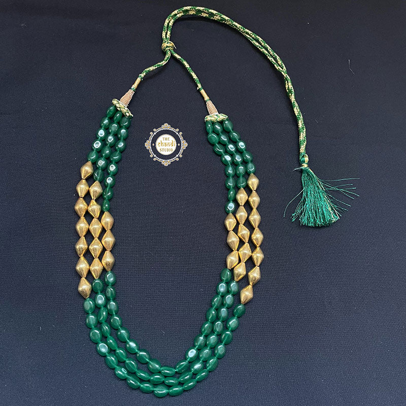 Trio Strand Dholki Bead Gold Necklace (Green) - Image 3