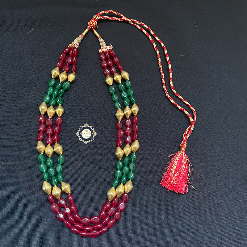 Trio Strand Dholki Bead Gold Necklace (Multi-Color) - Image 5